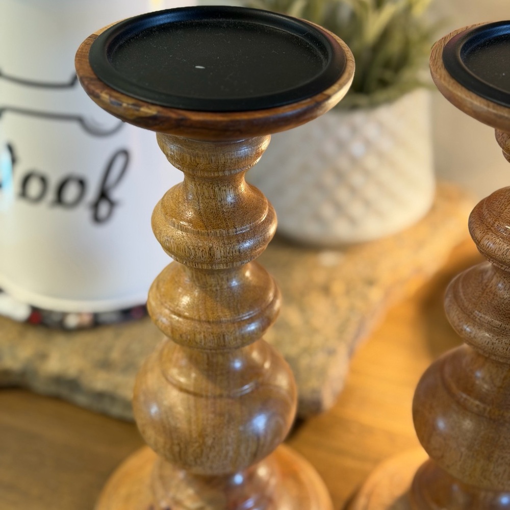 Elegant Wooden Candle Holders - Brown set of 2 - Picture 3 of 6